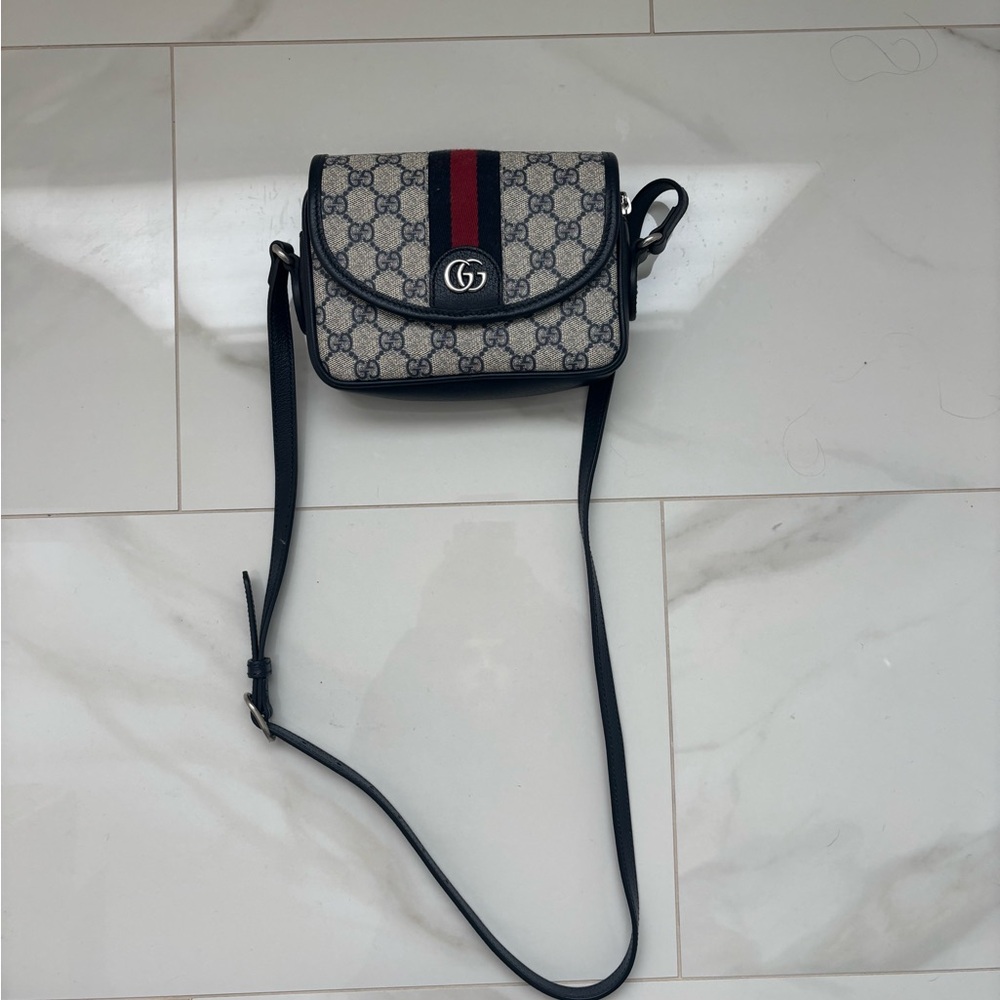 Gucci Ophidia Mini Grey and Blue GG Canvas Shoulder Bag